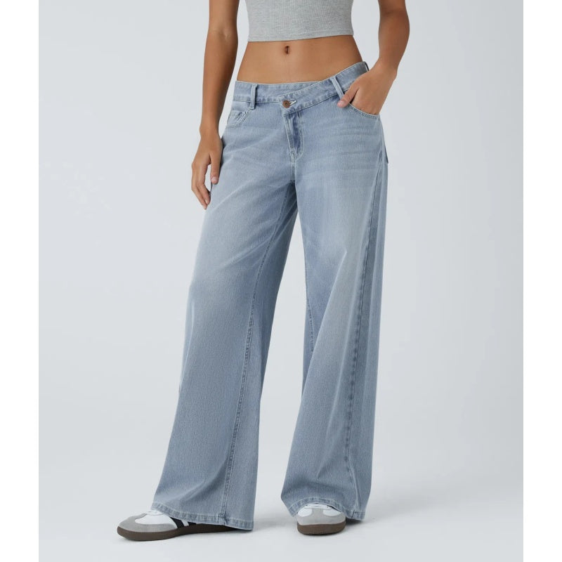 Asymmetric High Waisted Washed Casual Baggy Jeans with Pockets