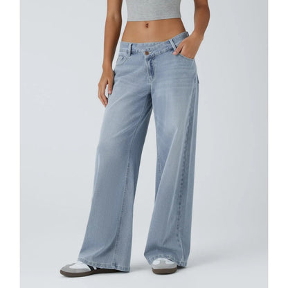 Asymmetric High Waisted Washed Casual Baggy Jeans with Pockets