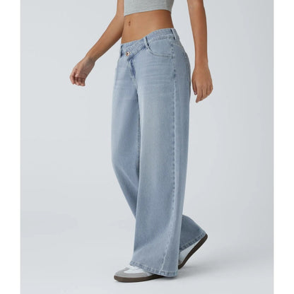 Asymmetric High Waisted Washed Casual Baggy Jeans with Pockets