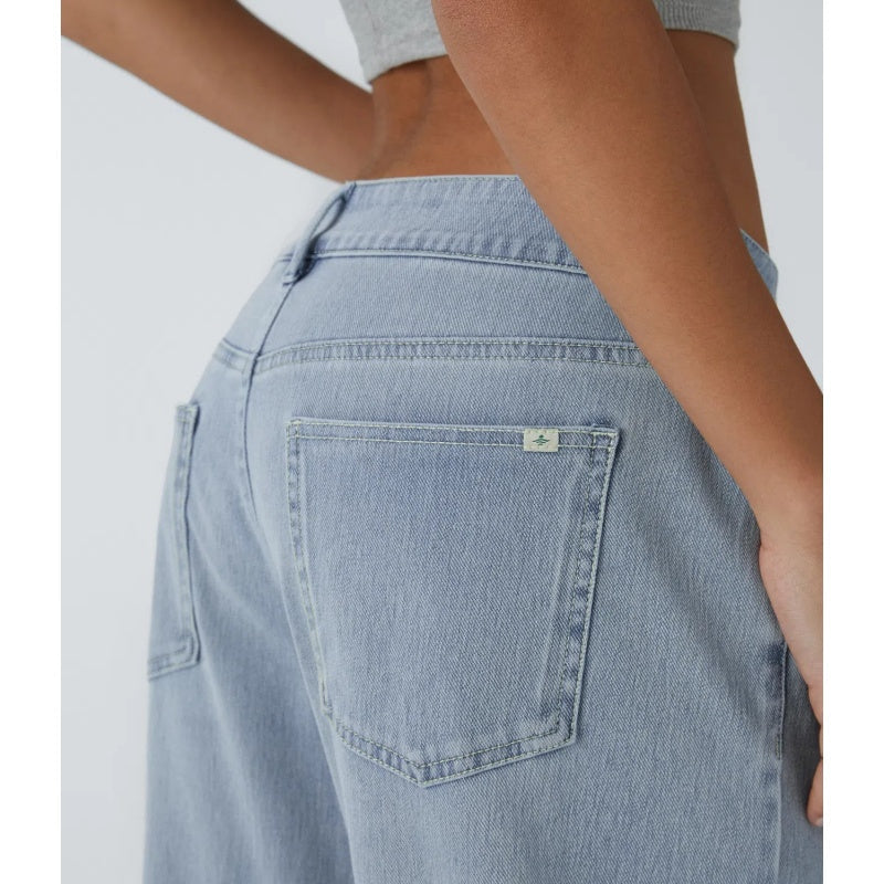Asymmetric High Waisted Washed Casual Baggy Jeans with Pockets