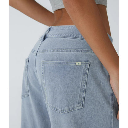 Asymmetric High Waisted Washed Casual Baggy Jeans with Pockets