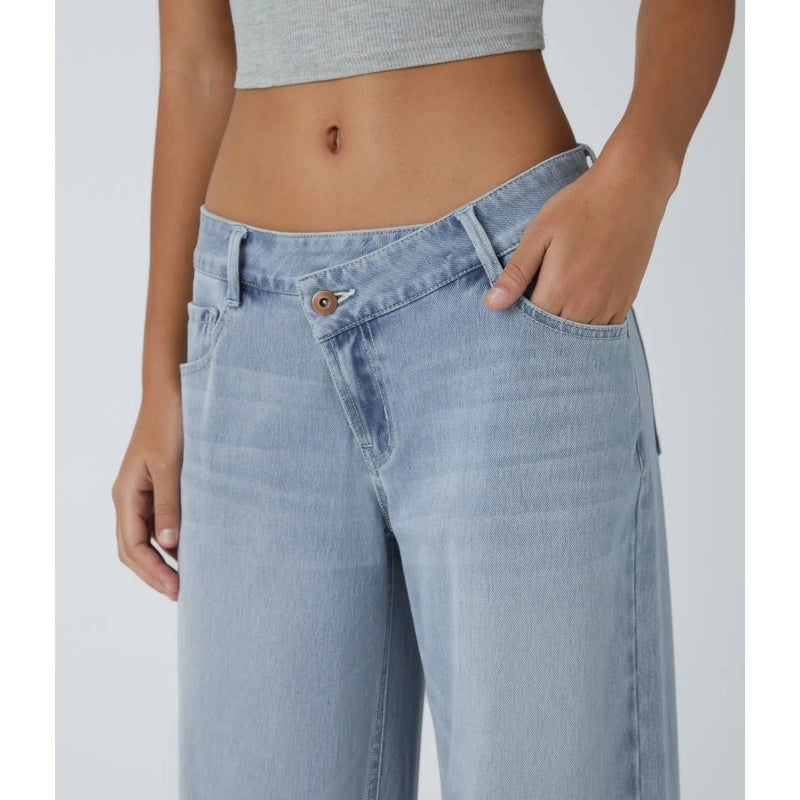 Asymmetric High Waisted Washed Casual Baggy Jeans with Pockets