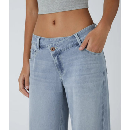 Asymmetric High Waisted Washed Casual Baggy Jeans with Pockets