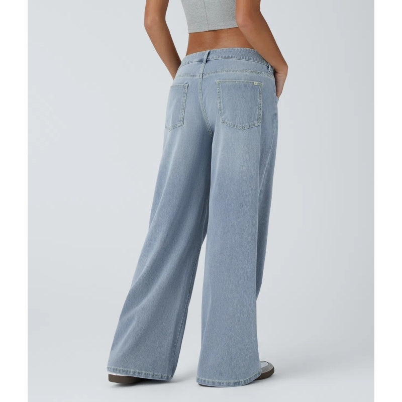 Asymmetric High Waisted Washed Casual Baggy Jeans with Pockets