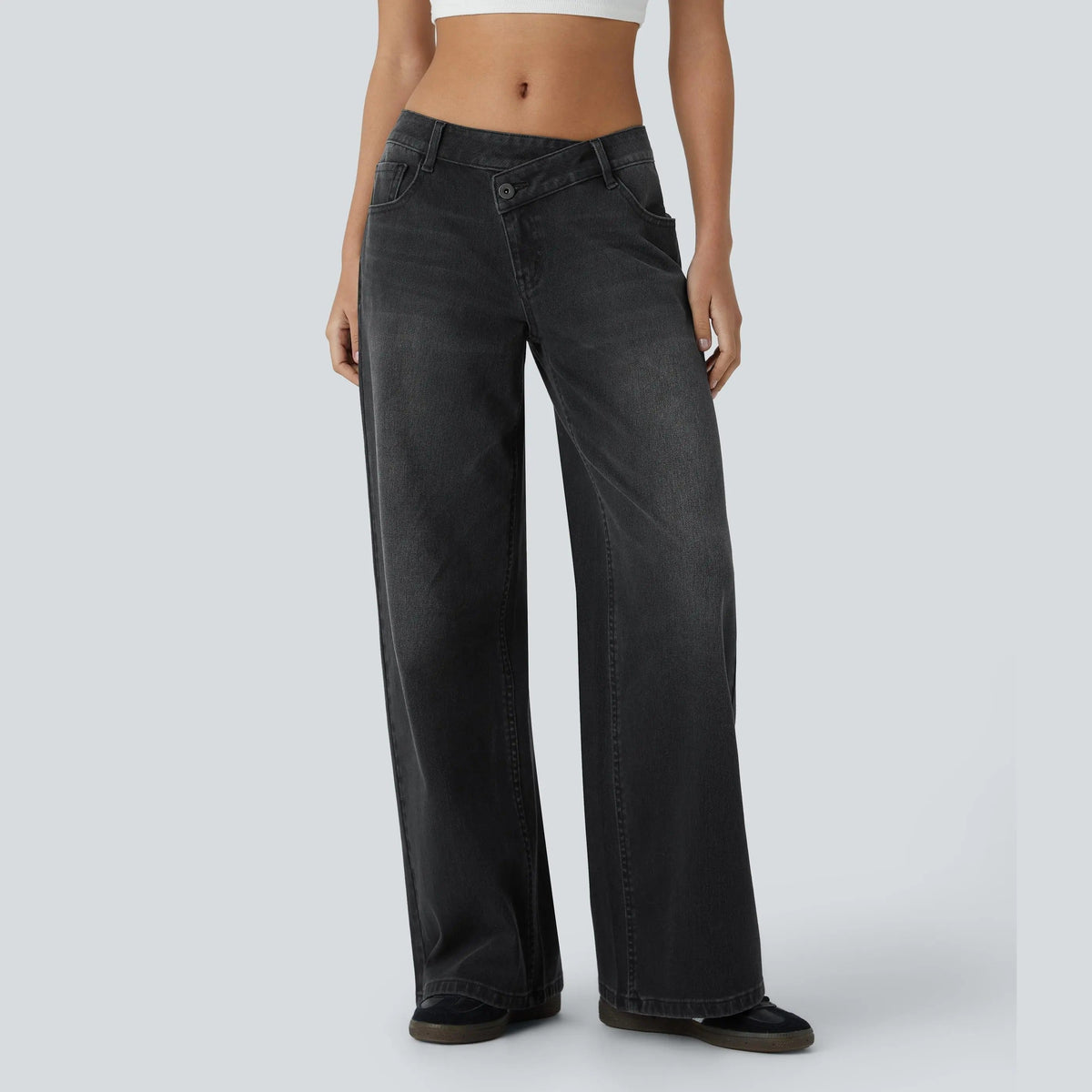 Asymmetric High Waisted Washed Casual Baggy Jeans with Pockets