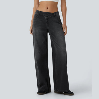 Asymmetric High Waisted Washed Casual Baggy Jeans with Pockets
