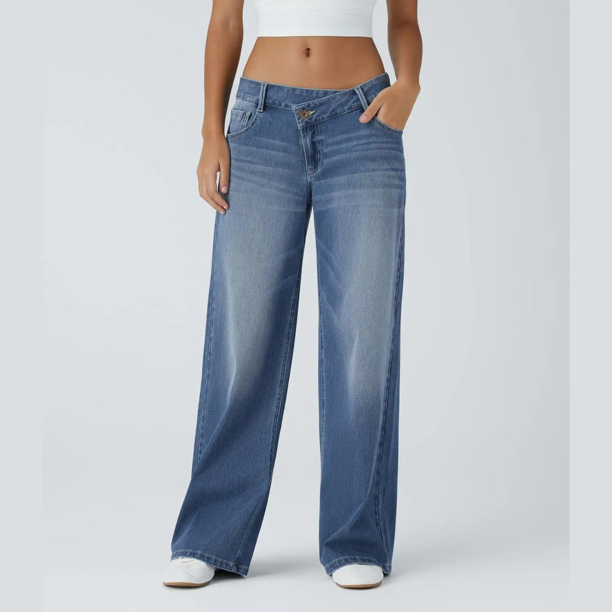 Asymmetric High Waisted Washed Casual Baggy Jeans with Pockets