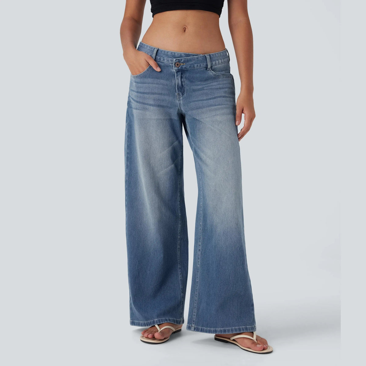 Asymmetric High Waisted Washed Casual Baggy Jeans with Pockets