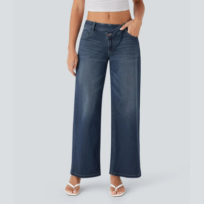 Asymmetric High Waisted Washed Casual Baggy Jeans with Pockets