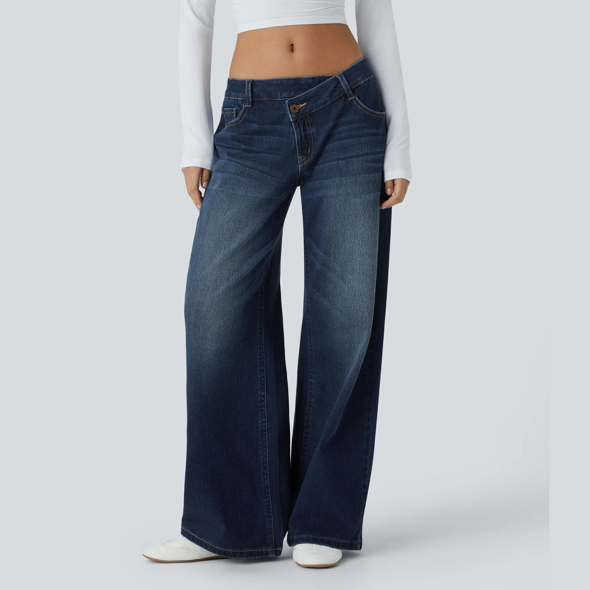 Asymmetric High Waisted Washed Casual Baggy Jeans with Pockets
