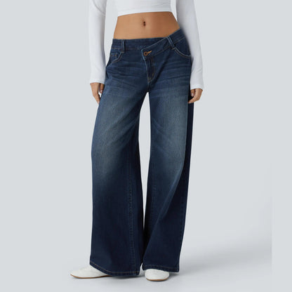 Asymmetric High Waisted Washed Casual Baggy Jeans with Pockets