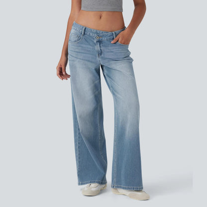 Asymmetric High Waisted Washed Casual Baggy Jeans with Pockets