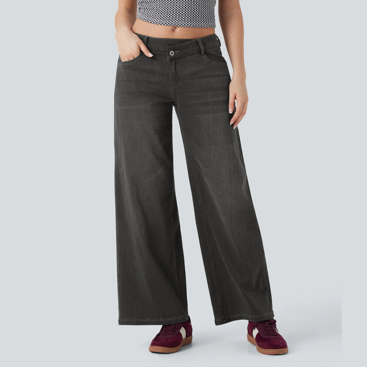 Asymmetric High Waisted Washed Casual Baggy Jeans with Pockets