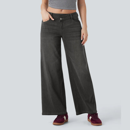 Asymmetric High Waisted Washed Casual Baggy Jeans with Pockets