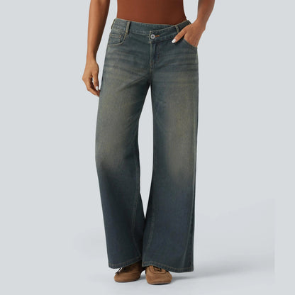Asymmetric High Waisted Washed Casual Baggy Jeans with Pockets