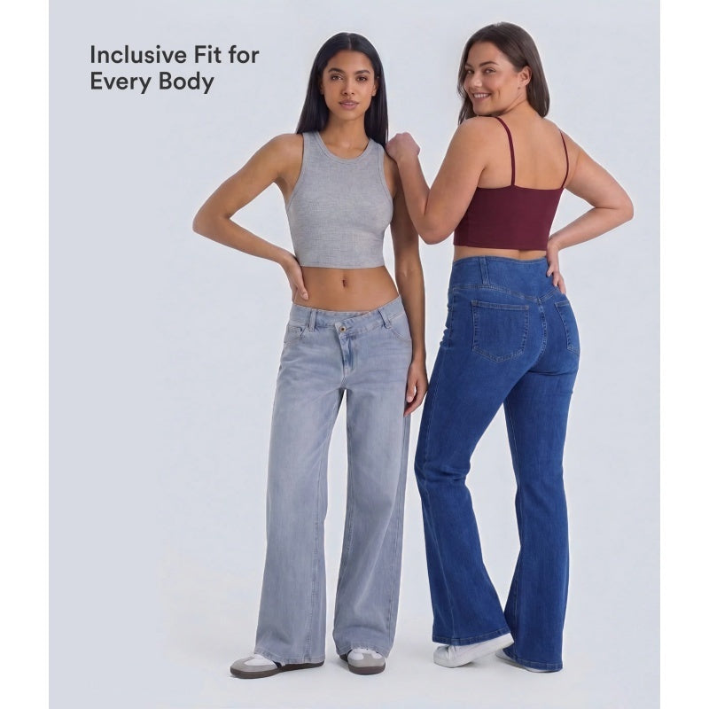 Asymmetric High Waisted Washed Casual Baggy Jeans with Pockets