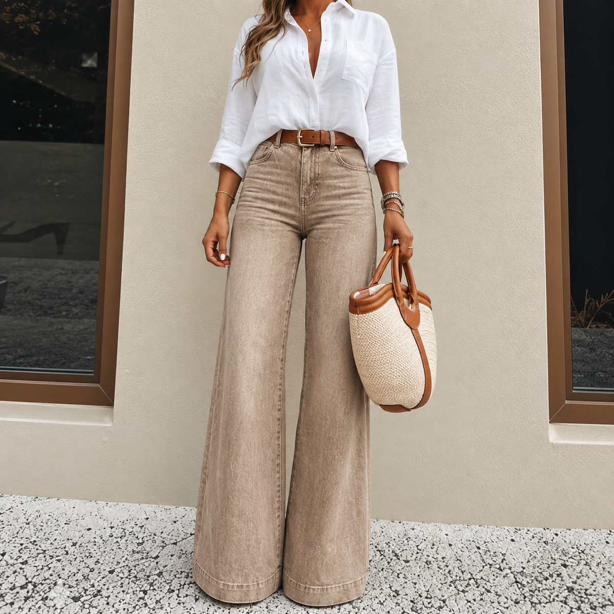 Women’s High-Waisted Wide Leg Jeans – Vintage Wash Stretch Denim Pants