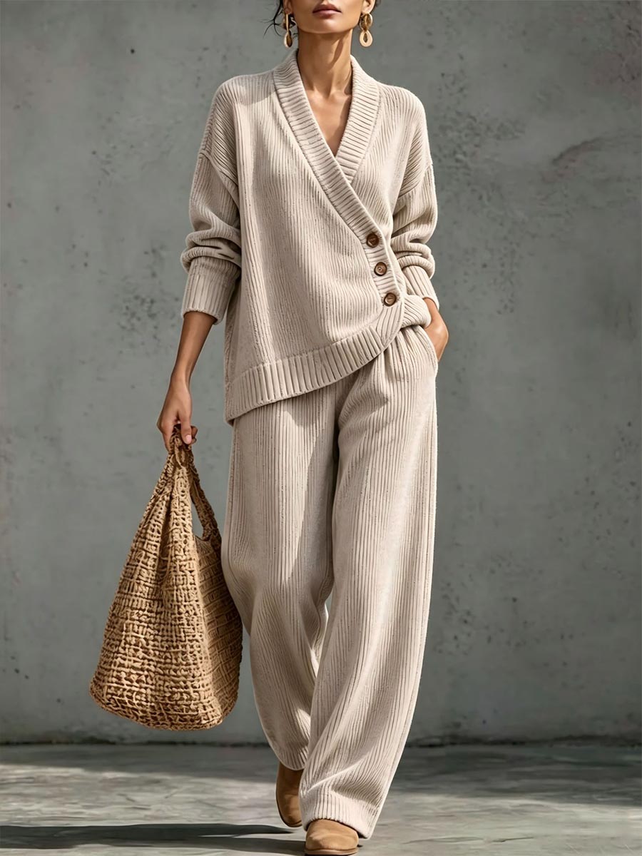 ✨ Women's Ribbed Knit Two-Piece Lounge Set with Asymmetric Buttons