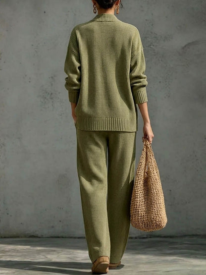 ✨ Women's Ribbed Knit Two-Piece Lounge Set with Asymmetric Buttons