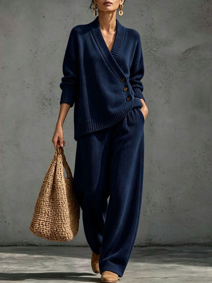 ✨ Women's Ribbed Knit Two-Piece Lounge Set with Asymmetric Buttons