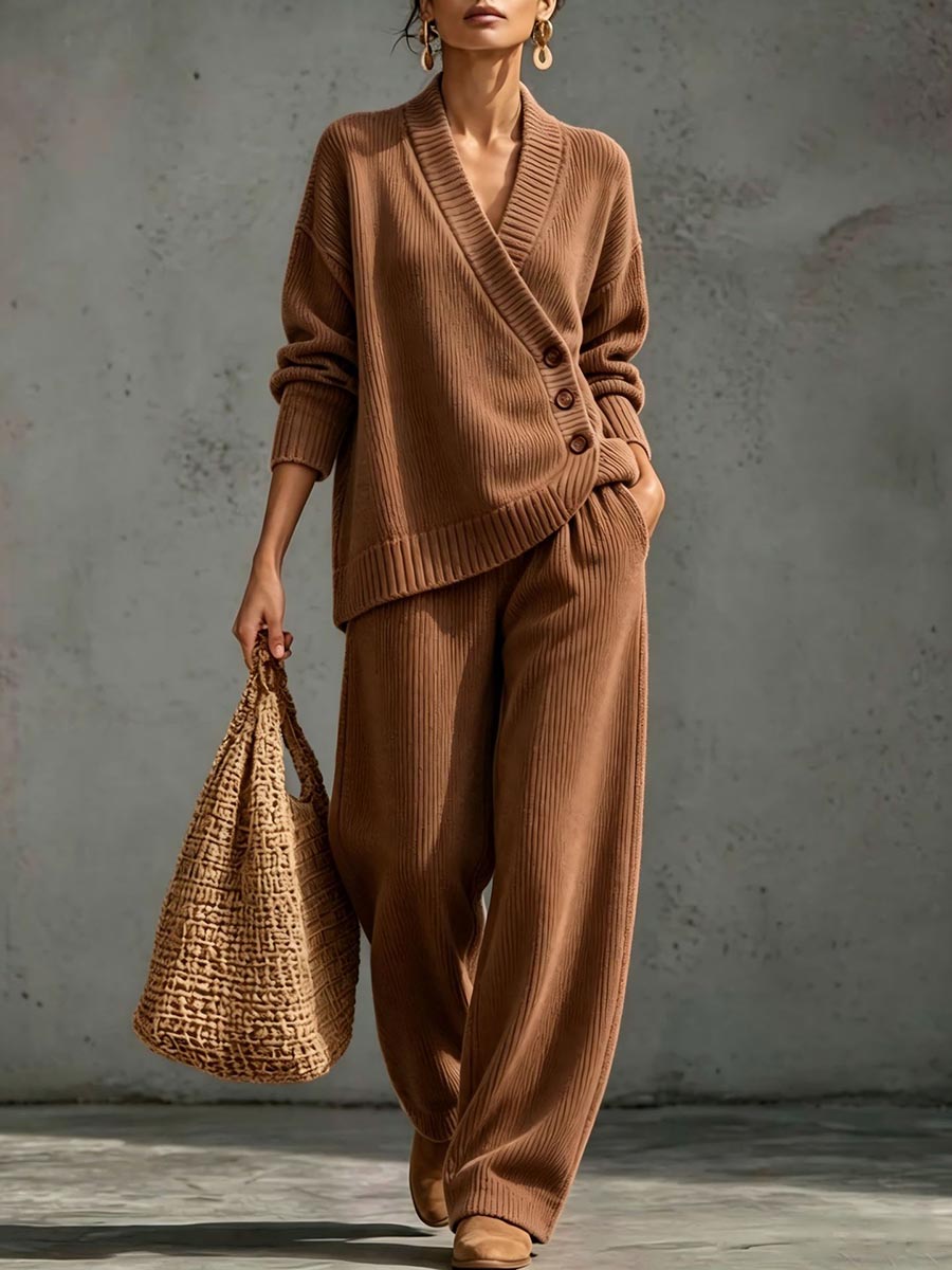 ✨ Women's Ribbed Knit Two-Piece Lounge Set with Asymmetric Buttons