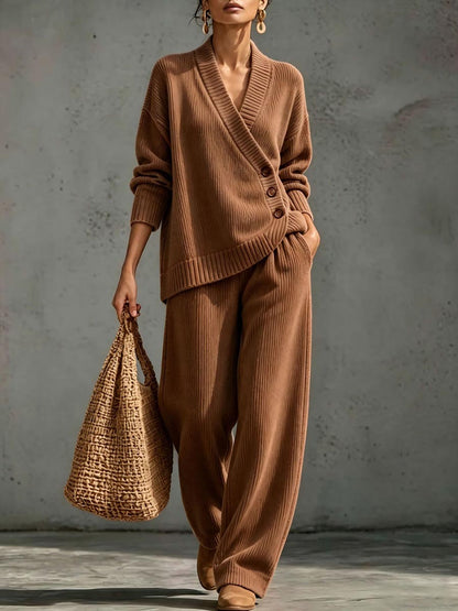 ✨ Women's Ribbed Knit Two-Piece Lounge Set with Asymmetric Buttons
