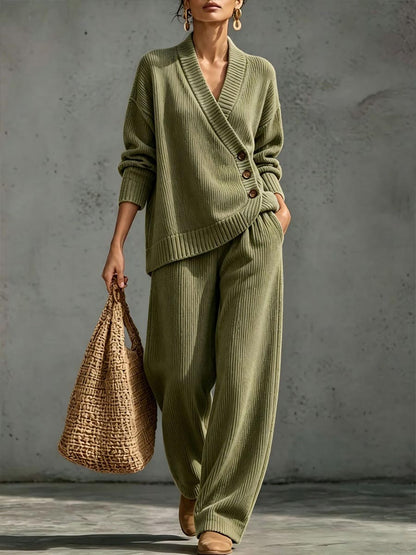 ✨ Women's Ribbed Knit Two-Piece Lounge Set with Asymmetric Buttons