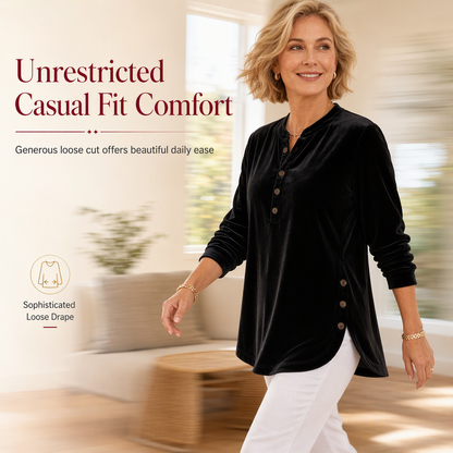 🍂👚Women's Casual Loose Velvet Long Sleeve T-Shirt with Button V-Neck